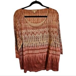 Energe World Wear Boho Top Size 2X Rust Tan Cream Print  3/4 Sleeve Stretch Knit